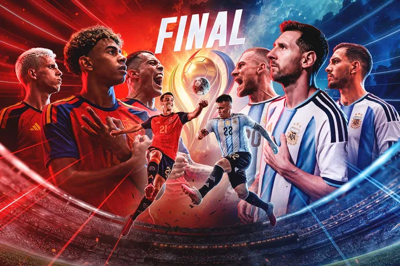 Futbolistas de España y Argentina frente a frente bajo el rótulo Final, con un trofeo dorado al centro y un estadio de fondo
