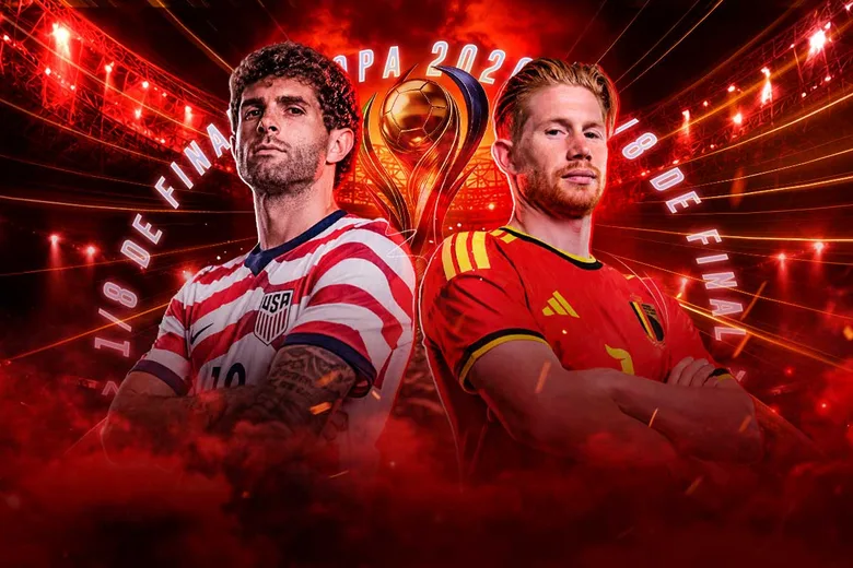 Un jugador de Estados Unidos de camiseta a rayas rojas y blancas frente a uno de Bélgica de rojo, con el rótulo 1/8 de final y un trofeo dorado al centro