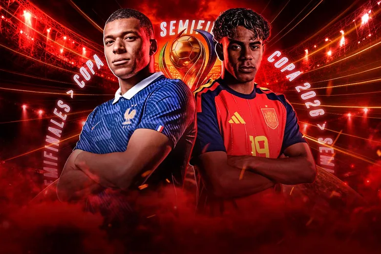 Un jugador de Francia de camiseta azul y uno de España de camiseta roja, enfrentados con los brazos cruzados bajo el rótulo Semifinales y un trofeo dorado al centro
