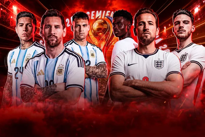 Tres futbolistas de Argentina con camiseta celeste y blanca junto a tres de Inglaterra de blanco, con los brazos cruzados frente a un trofeo dorado y un estadio teñido de rojo