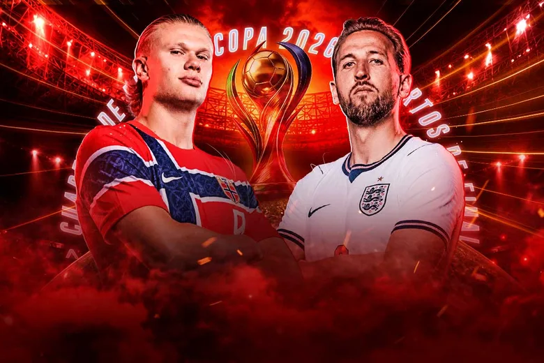Un delantero de Noruega de camiseta roja frente a uno de Inglaterra de blanco, ambos con los brazos cruzados junto a un trofeo dorado y gradas iluminadas de rojo