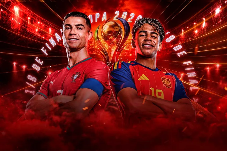 Un futbolista de Portugal de rojo y uno de España de rojo espalda con espalda, con el rótulo 1/8 de final y un trofeo dorado sobre un fondo de estadio encendido