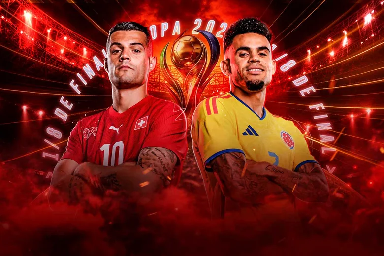 Un jugador de Suiza de camiseta roja y uno de Colombia de camiseta amarilla con los brazos cruzados, ante un fondo rojo con el rótulo 1/8 de final