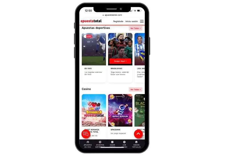 Montaje de un teléfono sobre fondo blanco con la portada en línea del operador abierta: franja de deportes arriba y mosaico de juegos debajo.