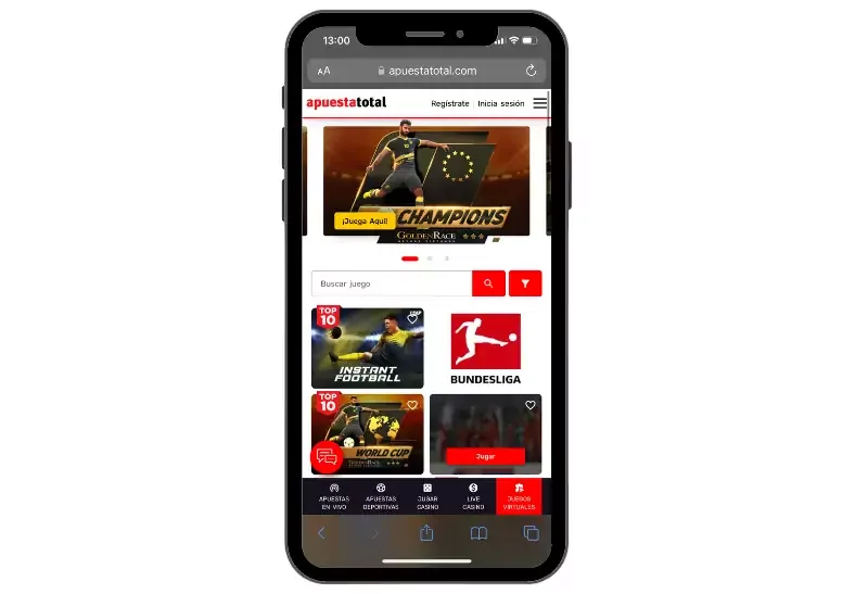 Montaje de un teléfono con la sección de juegos virtuales del operador abierta, con carruseles de ligas simuladas.