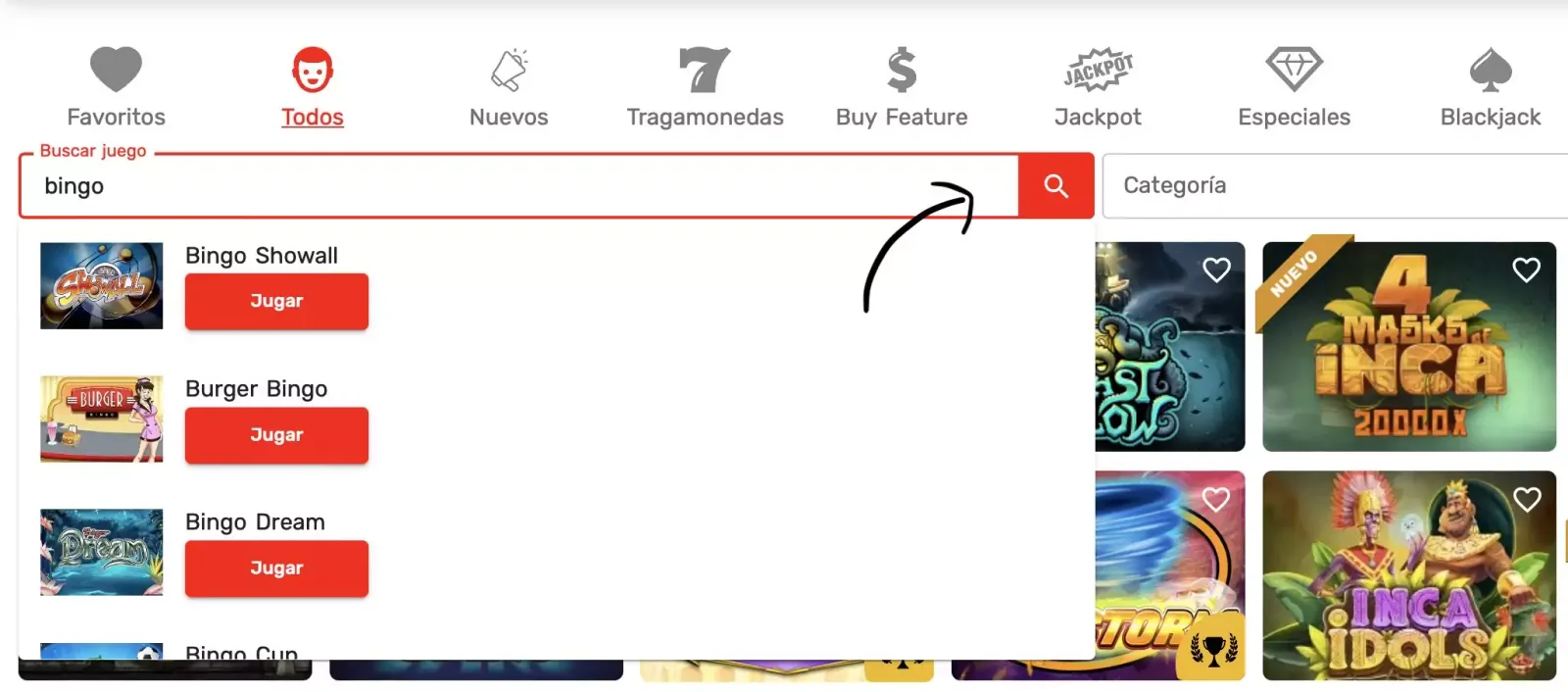 Sala de bingo en línea con el buscador arriba y varias salas listadas con su botón de jugar, junto a carátulas de otros títulos a la derecha.