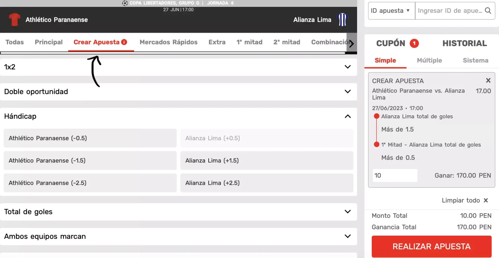 Panel del creador de apuestas con las opciones de doble oportunidad, hándicap, total de goles y ambos equipos anotan, y el resumen del cupón a la derecha.