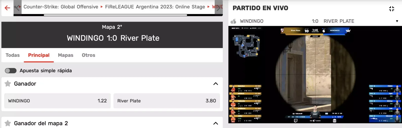 Ficha de un encuentro en directo con la transmisión a la derecha y la lista de mercados abiertos a la izquierda.