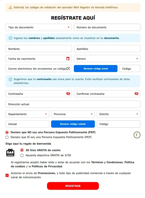 Formulario de registro encabezado «Regístrate aquí» con los campos de tipo y número de documento, nombres, fecha de nacimiento, contraseña y dirección.