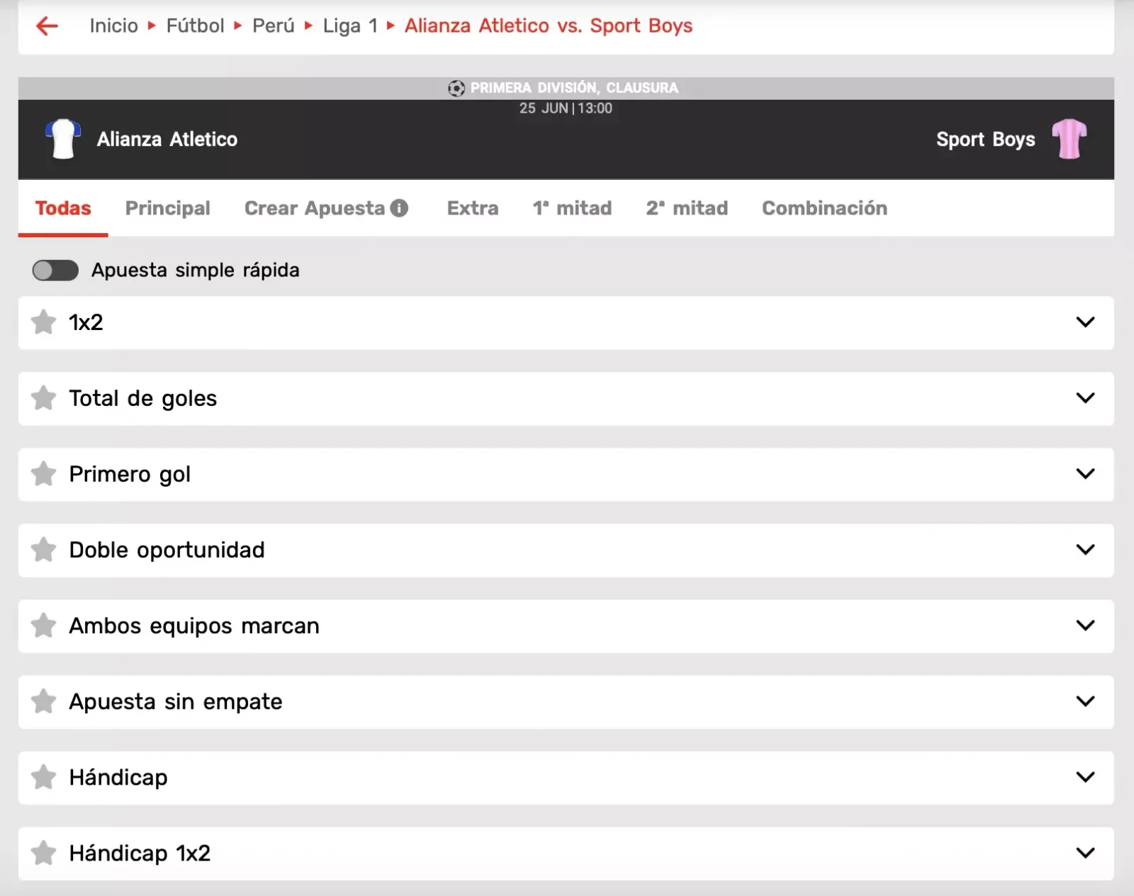 Columna de mercados de un partido con las filas de resultado, total de goles, primer gol, doble oportunidad y hándicap plegadas una tras otra.